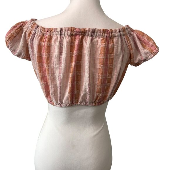 Aerie Pink & Orange Plaid Off-Shoulder Crop Top Elastic Hem & Sleeves Womens S - Picture 3 of 10